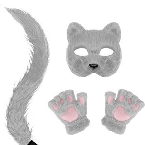 Gray Cat or Fox Costume Set with Mask, Tail, and Paws